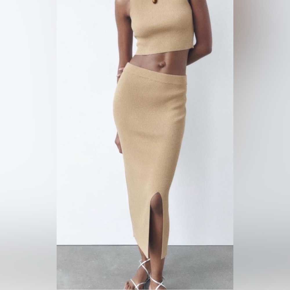 NWOT ZARA GOLD THREAD KNIT MIDI PENCIL SKIRT SLIT SIDE